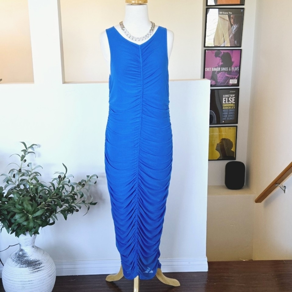 🏷️HOUSE OF HARLOW 1960 Blue Mesh Ruched Midi Dress Size M